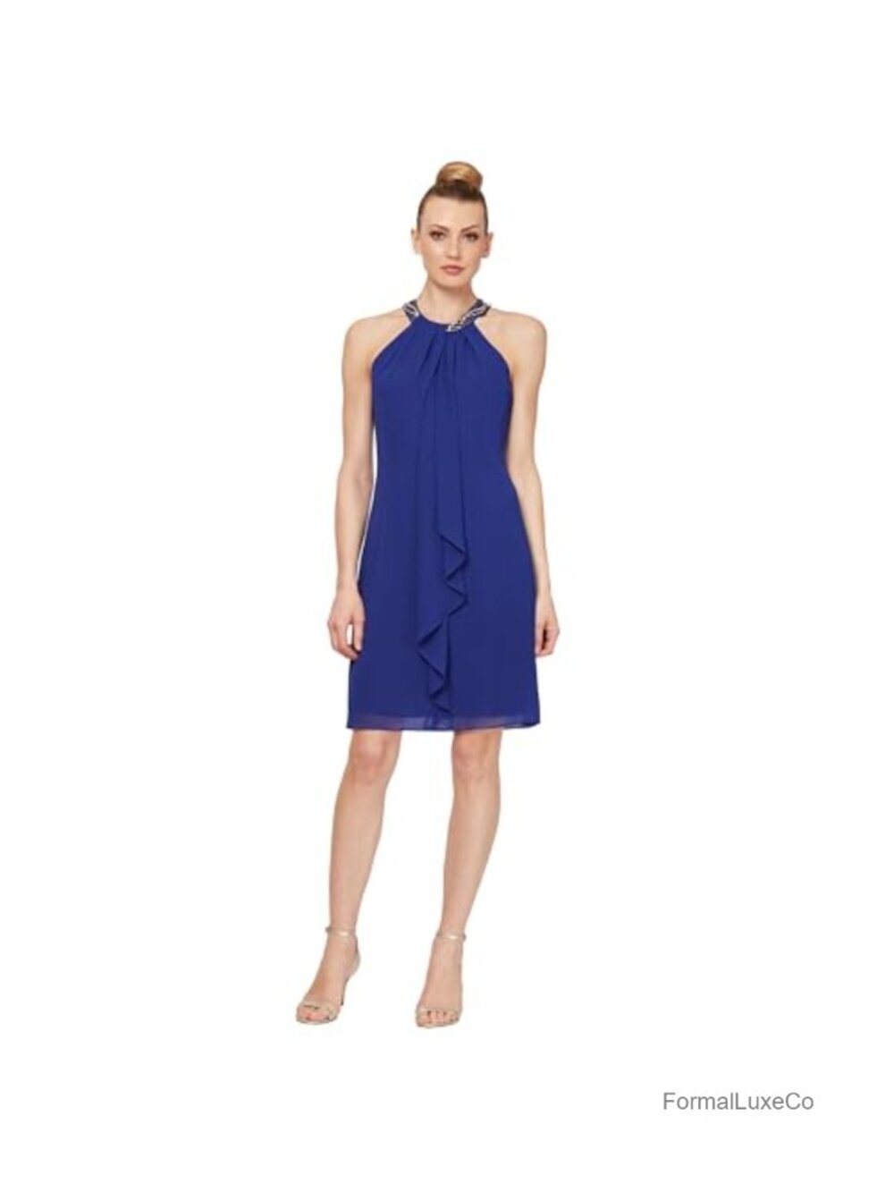 SL Fashions Beaded Halter Sheath Cocktail Dress Sleeveless Ruffle